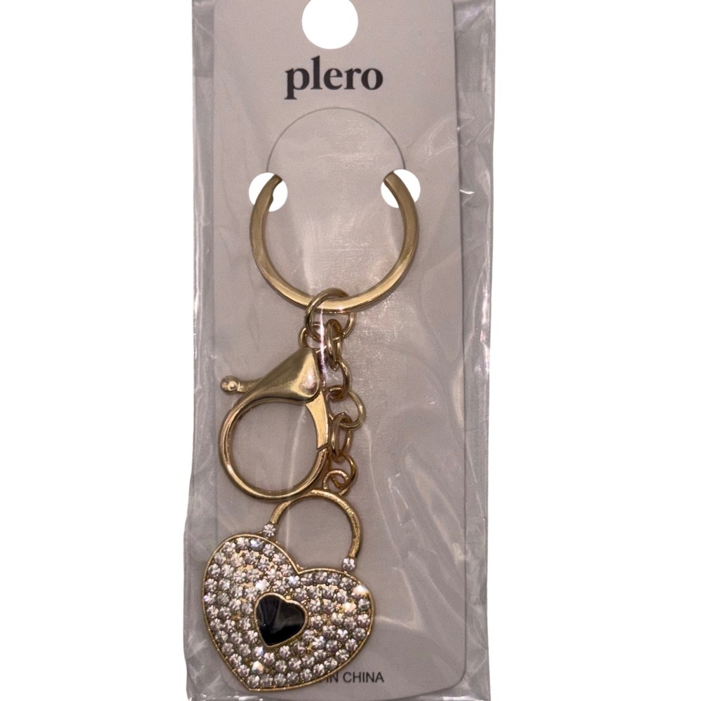 Plero Heart Lock Keychain Rhinestone Charm Gold‎ Tone Bag Purse Accessory